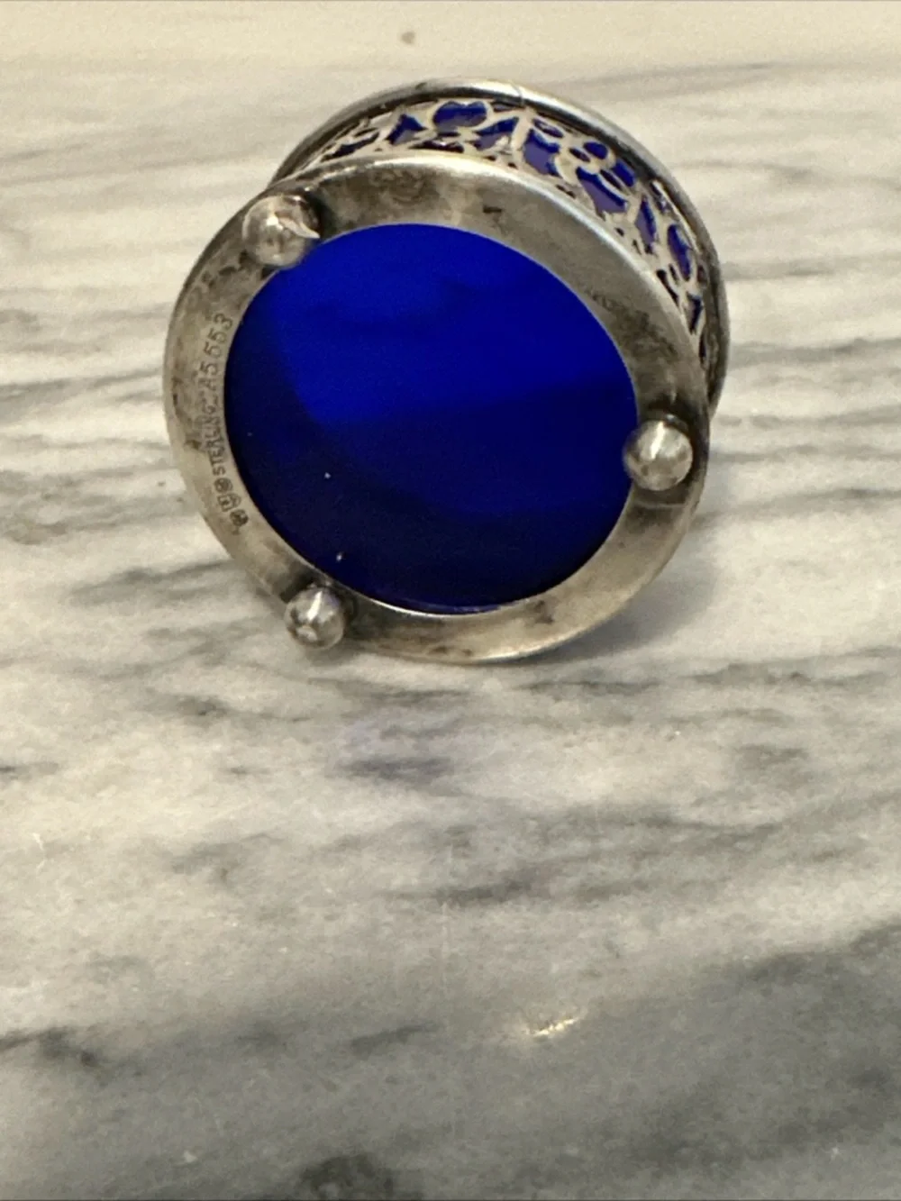 Antique sterling silver with cobalt blue glass insert salt cellar